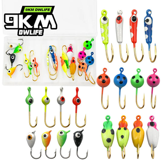 9KM Premium Ice Fishing Jig & Lure Kit (20-28pcs) – Glow Jigs for Panfish & Crappie