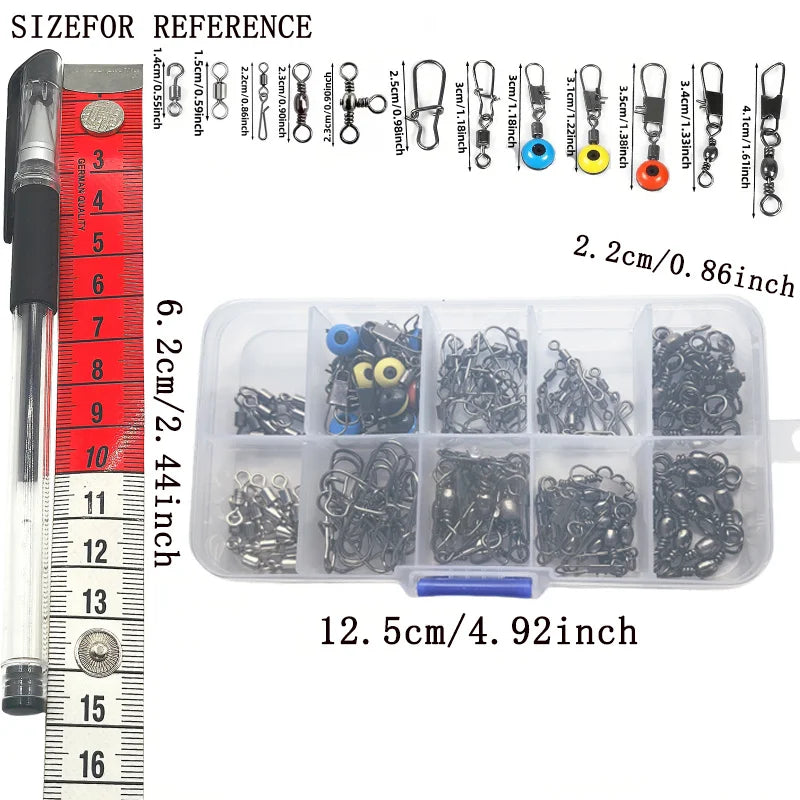 115 piece fishing connector set in organized box with various sizes for diverse fishing needs
