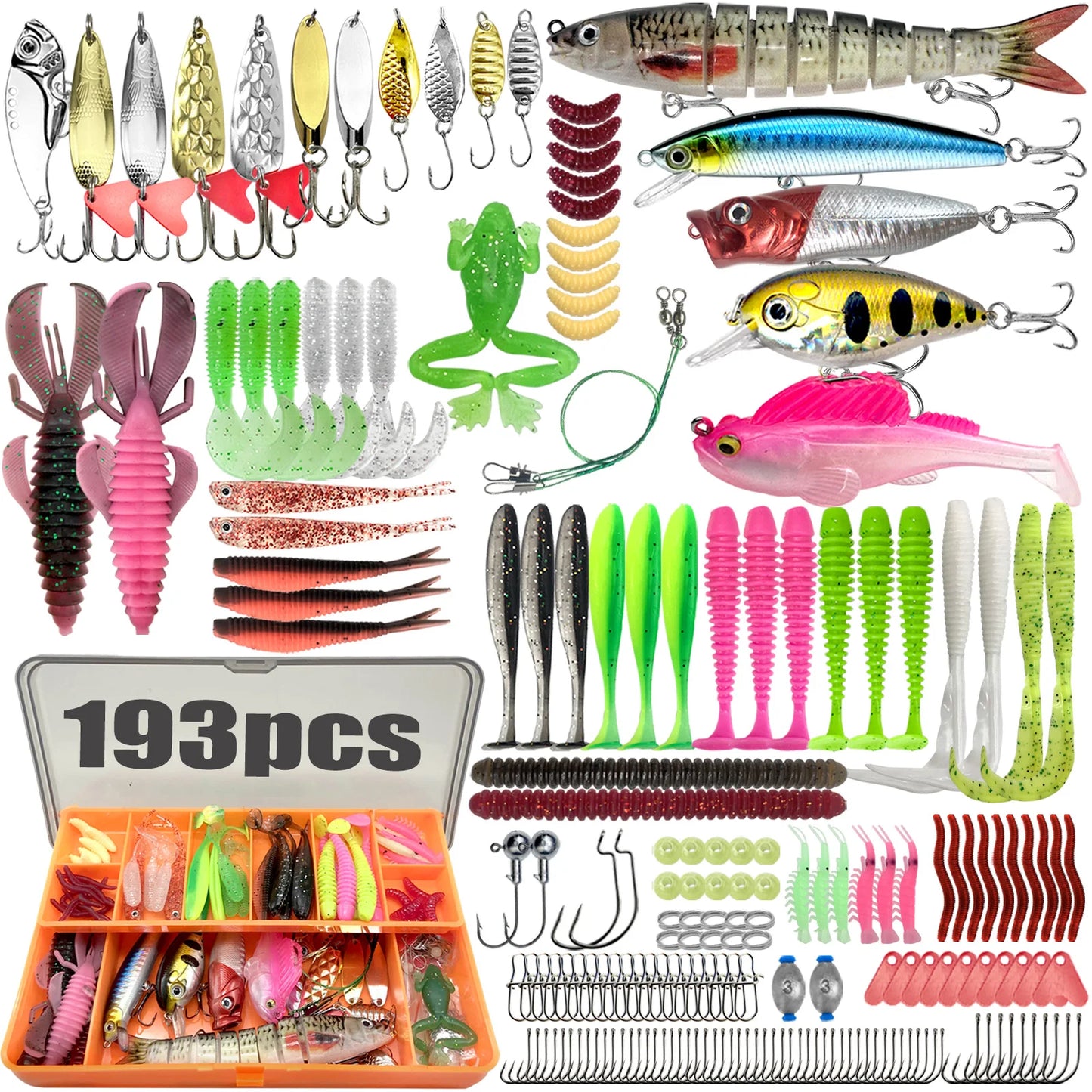 All-in-one fishing tackle set featuring 193pcs of assorted lures, hooks, and accessories for anglers