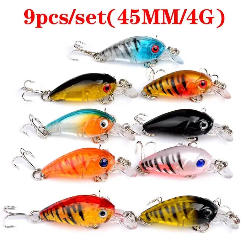 9-piece set of fishing lures in various colors showcasing multi-color-style lure selection for anglers