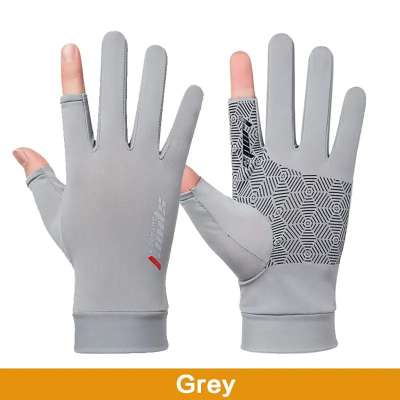 Grey anti-UV fishing gloves with textured grip for enhanced fishing performance and sun protection