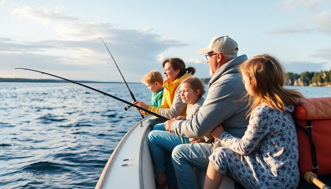 Family enjoying a fishing trip while learning beginner fishing tips and lures by the water