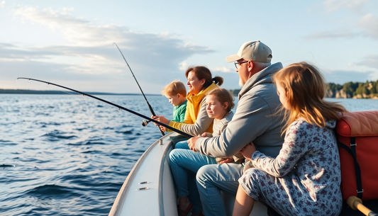 Family enjoying a fishing trip while learning beginner fishing tips and lures by the water