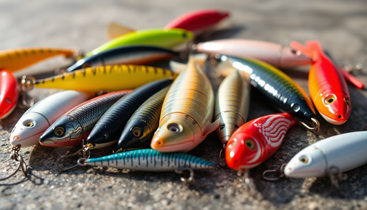 Various colorful fishing lures laid out on the ground illustrating how to choose fishing lures
