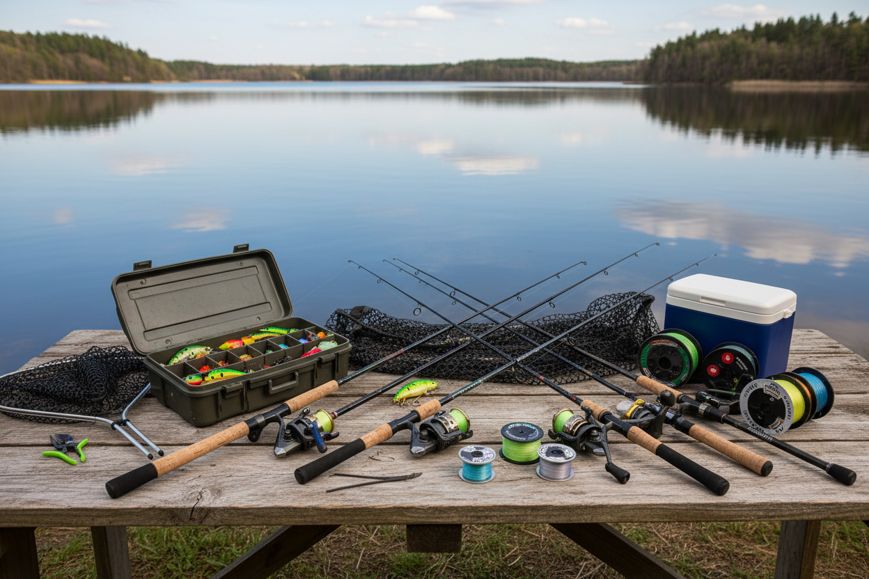 A large fish leaps from the water, representing the thrill of affordable fishing gear online