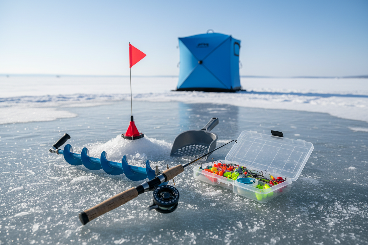 Ice Fishing Gear including a bucket, fishing rods, and an auger on a snow-covered lake