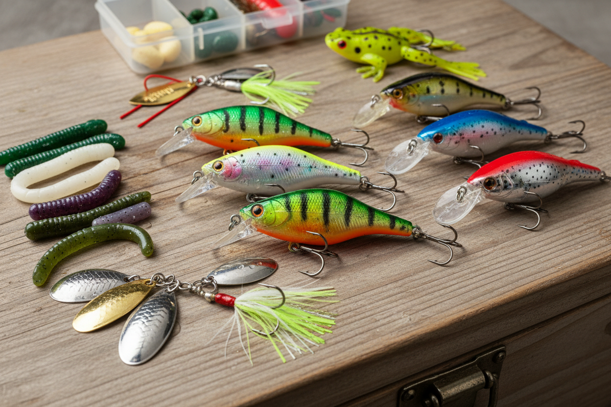 Variety of colorful fishing lures displayed, showcasing different shapes and styles for effective angling