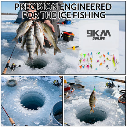 9KM Premium Ice Fishing Jig & Lure Kit (20-28pcs) – Glow Jigs for Panfish & Crappie