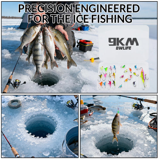 9KM Premium Ice Fishing Jig & Lure Kit (20-28pcs) – Glow Jigs for Panfish & Crappie