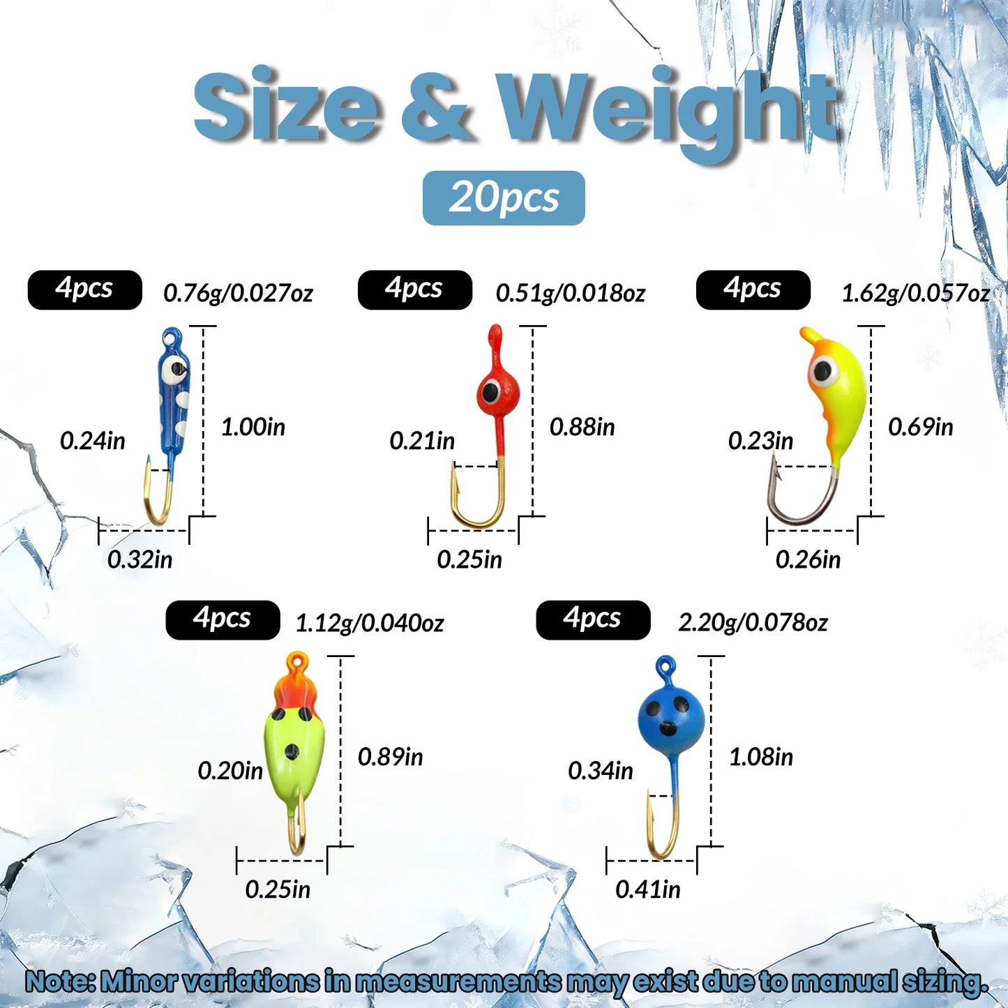 9KM Premium Ice Fishing Jig & Lure Kit (20-28pcs) – Glow Jigs for Panfish & Crappie