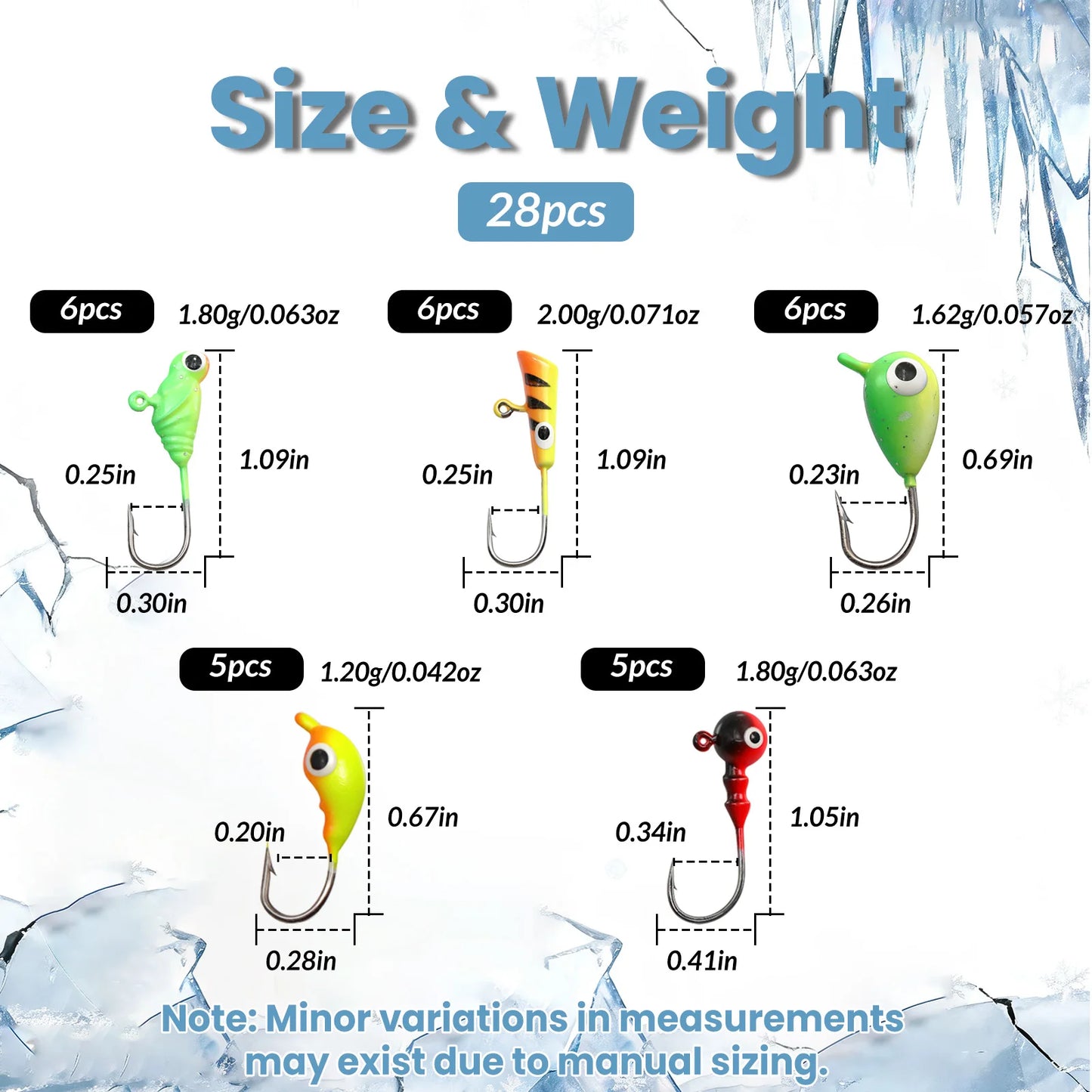 9KM Premium Ice Fishing Jig & Lure Kit (20-28pcs) – Glow Jigs for Panfish & Crappie