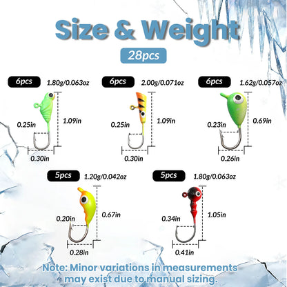 9KM Premium Ice Fishing Jig & Lure Kit (20-28pcs) – Glow Jigs for Panfish & Crappie