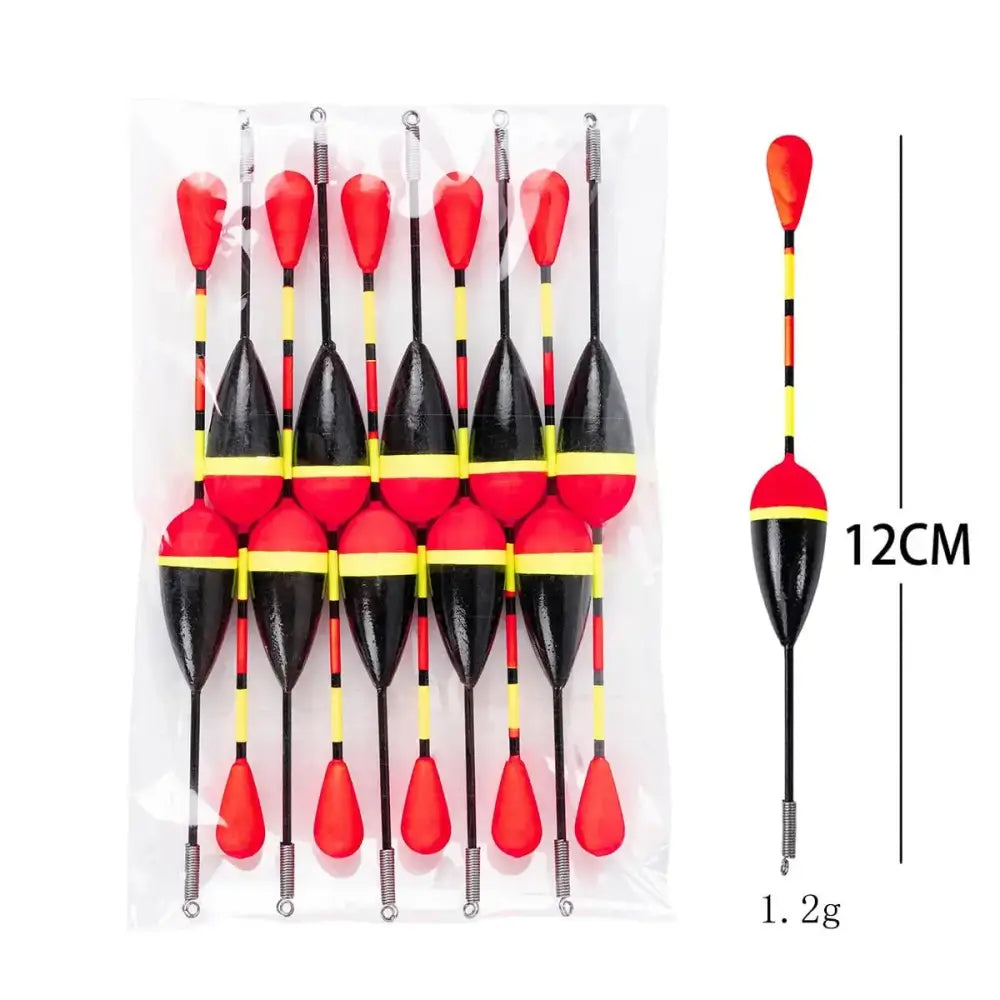 Set of 10 affordable fishing bobbers in red and black, perfect for all fishing enthusiasts