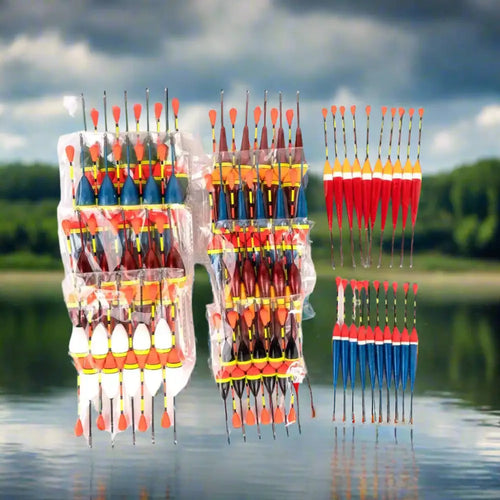 Colorful assortment of affordable fishing bobbers arranged on a reflective surface for easy viewing