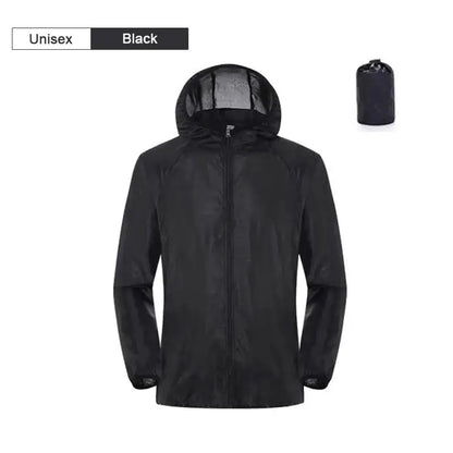 Affordable rain gear jacket in black for fishing and outdoor activities, unisex design