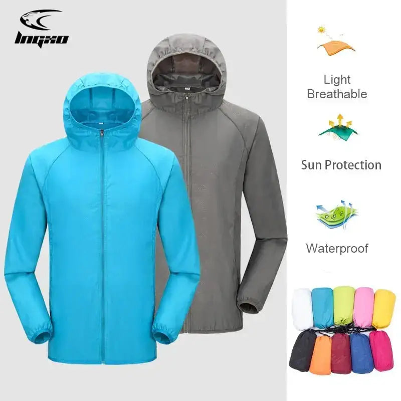 Affordable rain gear lightweight jackets in blue and gray with sun protection and waterproof features