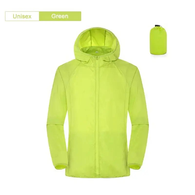 Unisex Green Affordable Rain Gear Jacket with Hood and Packable Design for Fishing and Outdoor Activities