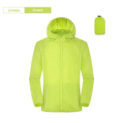 Unisex Green Affordable Rain Gear Jacket with Hood and Packable Design for Fishing and Outdoor Activities