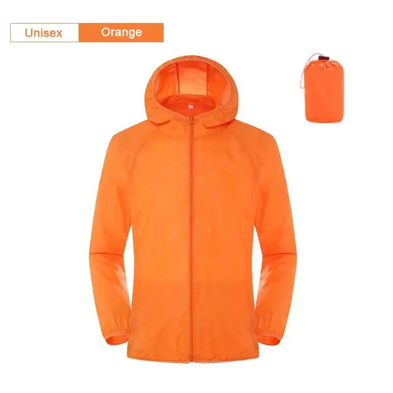 Unisex orange affordable rain gear jacket with a lightweight design for outdoor fishing activities