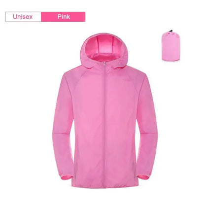 Unisex pink affordable rain gear jacket with a hood and packable design for fishing trips