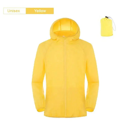 Unisex yellow affordable rain gear jacket designed for fishing with a lightweight and packable design