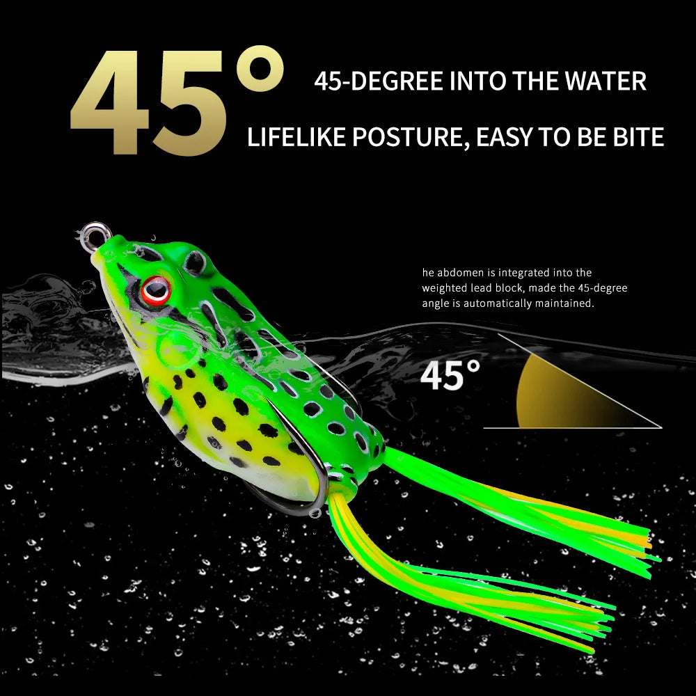 Topwater frog lures set designed with a 45-degree angle for lifelike movement in water