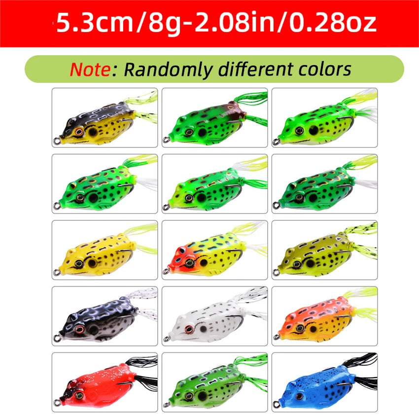 Colorful topwater frog lures set featuring various designs for effective fishing