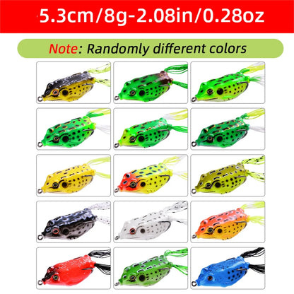 Colorful topwater frog lures set featuring various designs for effective fishing