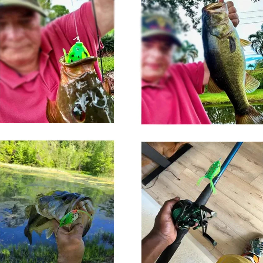 Topwater frog lures set with a fisherman showing catches in a scenic lake background
