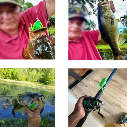 Topwater frog lures set with a fisherman showing catches in a scenic lake background