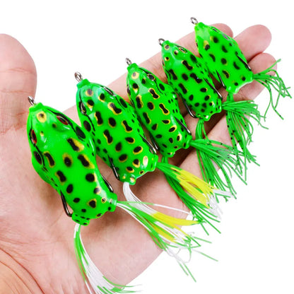 Topwater frog lures set in vibrant green color, ideal for fishing in freshwater ponds