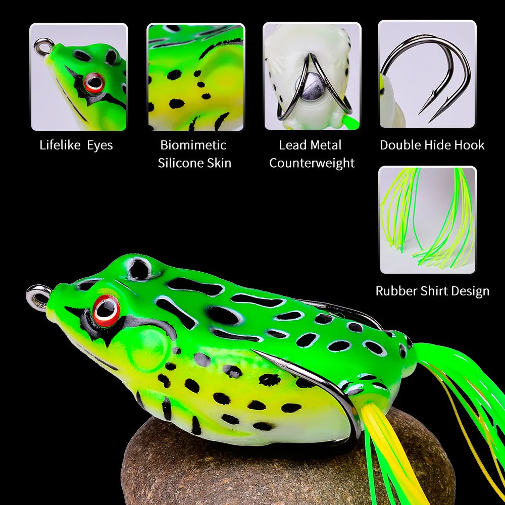 Topwater frog lures set featuring lifelike eyes and rubber shirt design for effective fishing