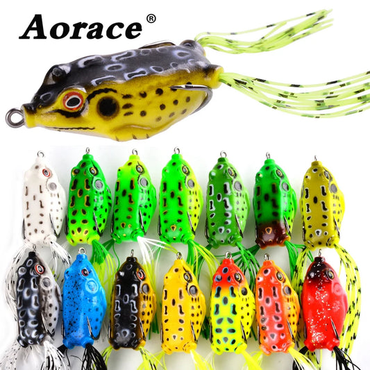 Colorful topwater frog lures set for effective fishing, featuring various designs and realistic details