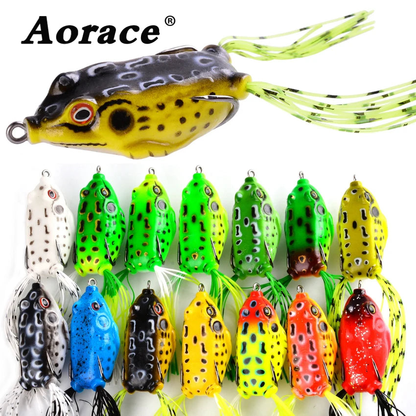 Colorful topwater frog lures set for effective fishing, featuring various designs and realistic details