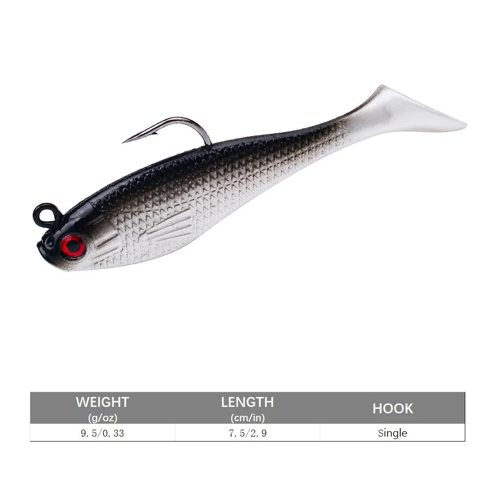 Black and silver artificial swimbait for bass with a single hook and detailed design