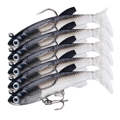 Set of five artificial swimbait for bass with lifelike design and strong hooks for effective fishing