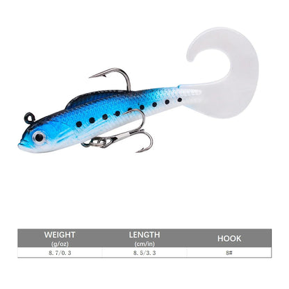 Blue artificial swimbait for bass with a curved tail and sharp hook for effective fishing