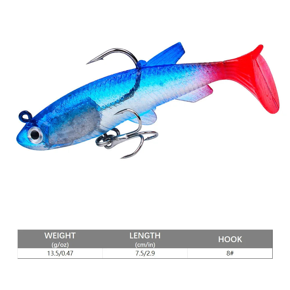 Vibrant artificial swimbait for bass in blue and red color with a strong hook and lifelike design