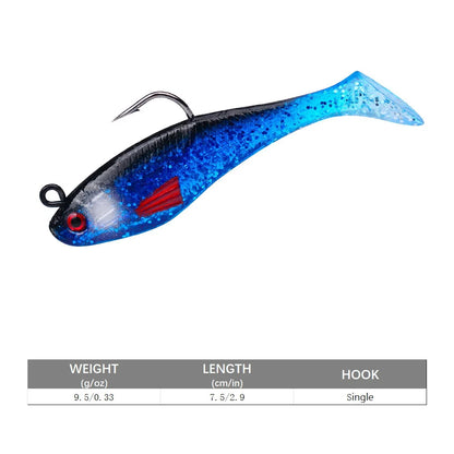 Artificial swimbait for bass in blue and black with single hook, ideal for bass fishing
