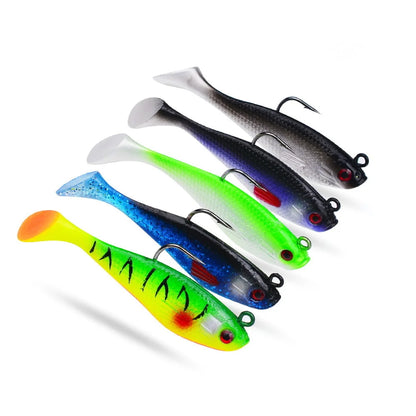 Five vibrant artificial swimbait for bass with various colors and realistic designs for effective fishing.