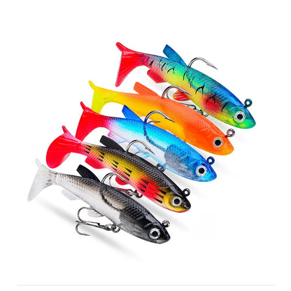 Assorted artificial swimbait for bass in vibrant colors with realistic design and hooks