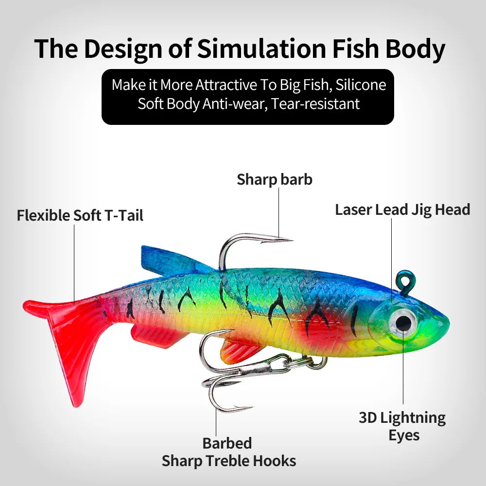 Colorful artificial swimbait for bass with sharp treble hooks and flexible T-tail