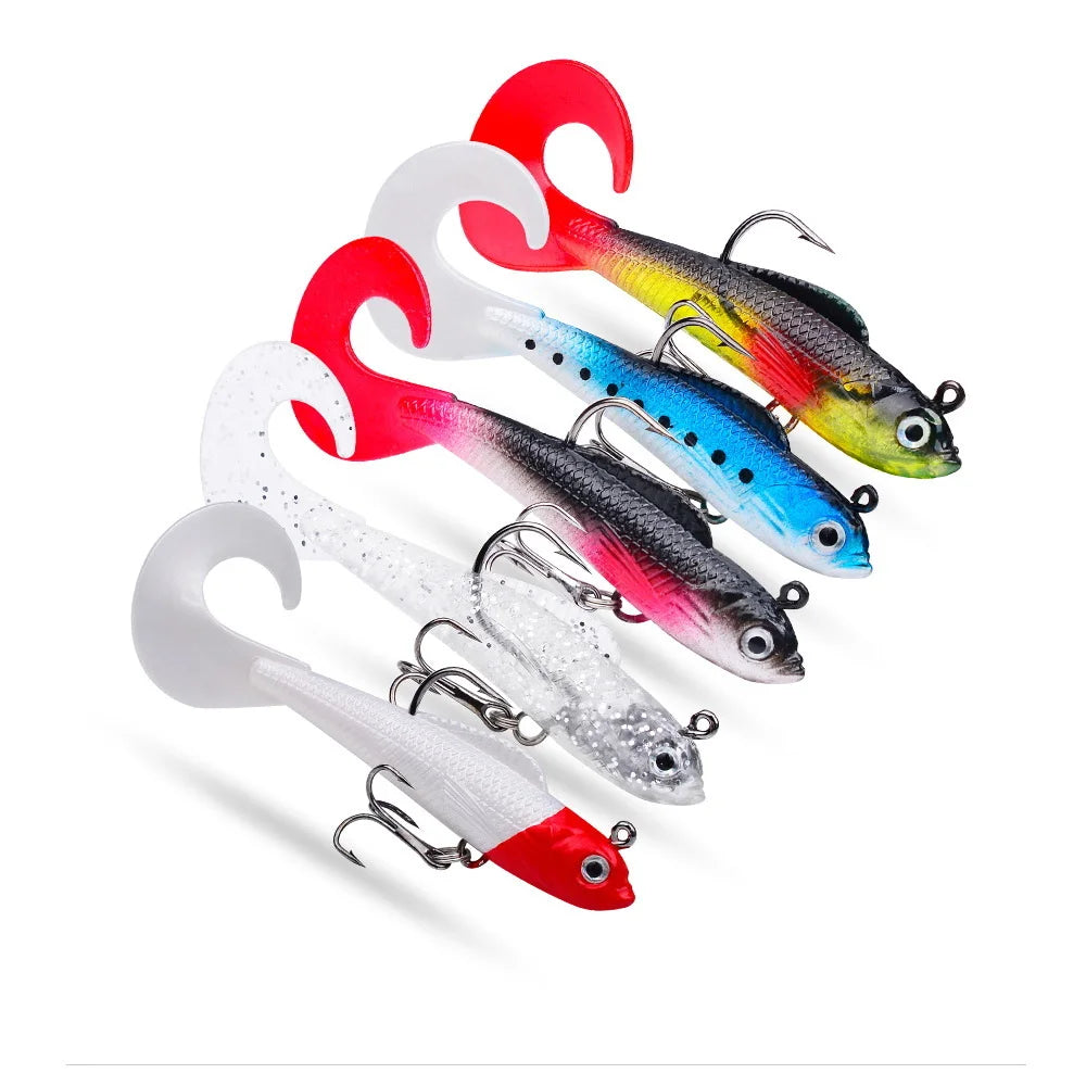 Set of six artificial swimbait for bass with various colors and hooks for effective fishing