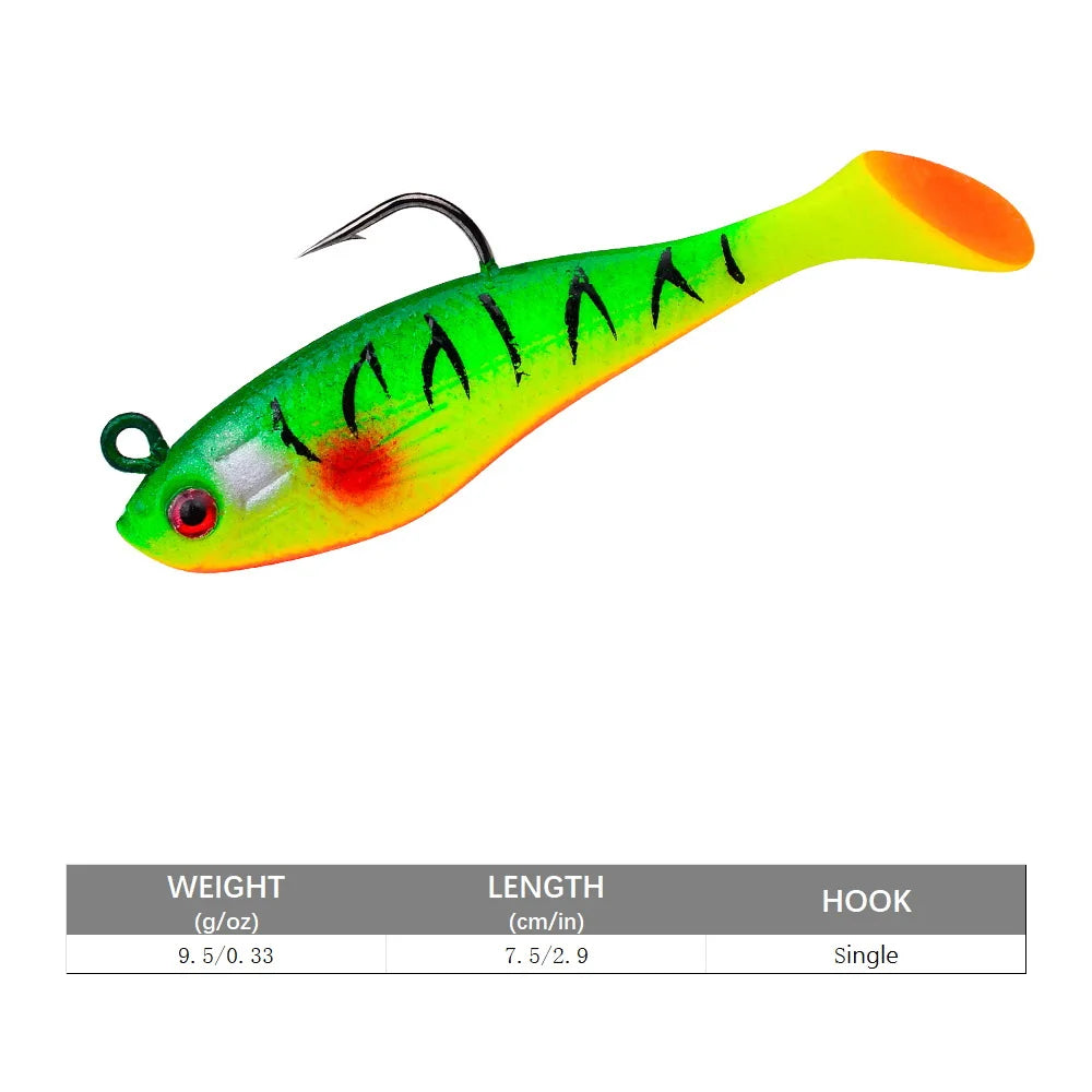 Brightly colored artificial swimbait for bass with a single hook, ideal for fishing enthusiasts