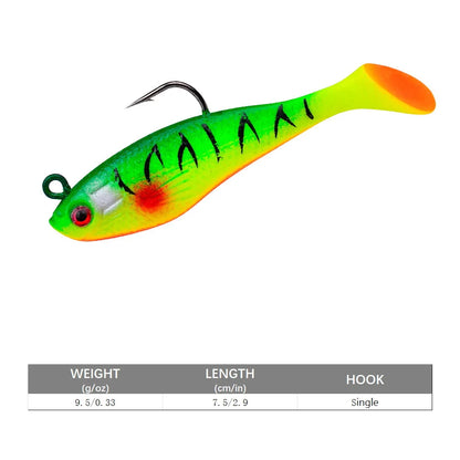 Brightly colored artificial swimbait for bass with a single hook, ideal for fishing enthusiasts
