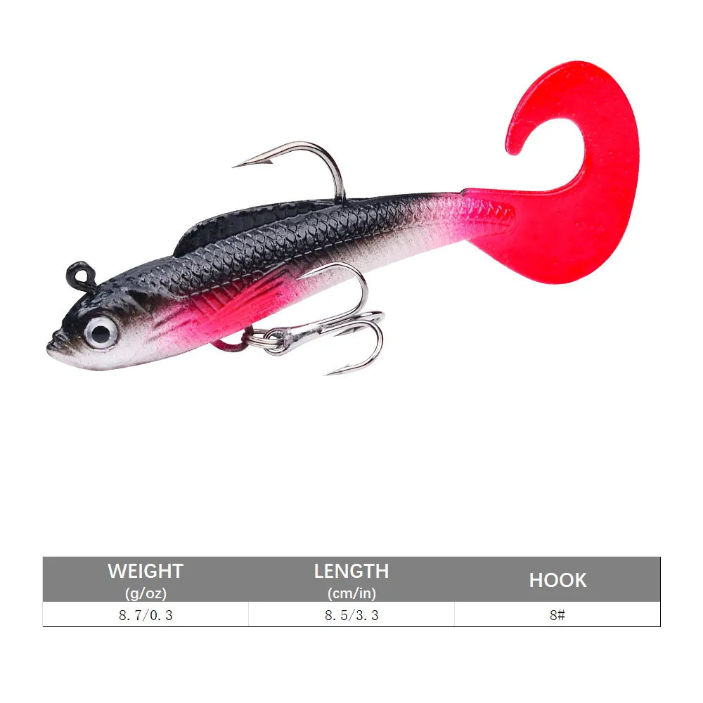 Artificial swimbait for bass in black and pink with dual hooks for effective fishing