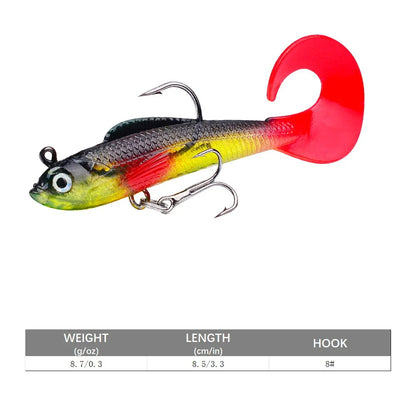 Brightly colored artificial swimbait for bass featuring a dual-hook design and realistic details