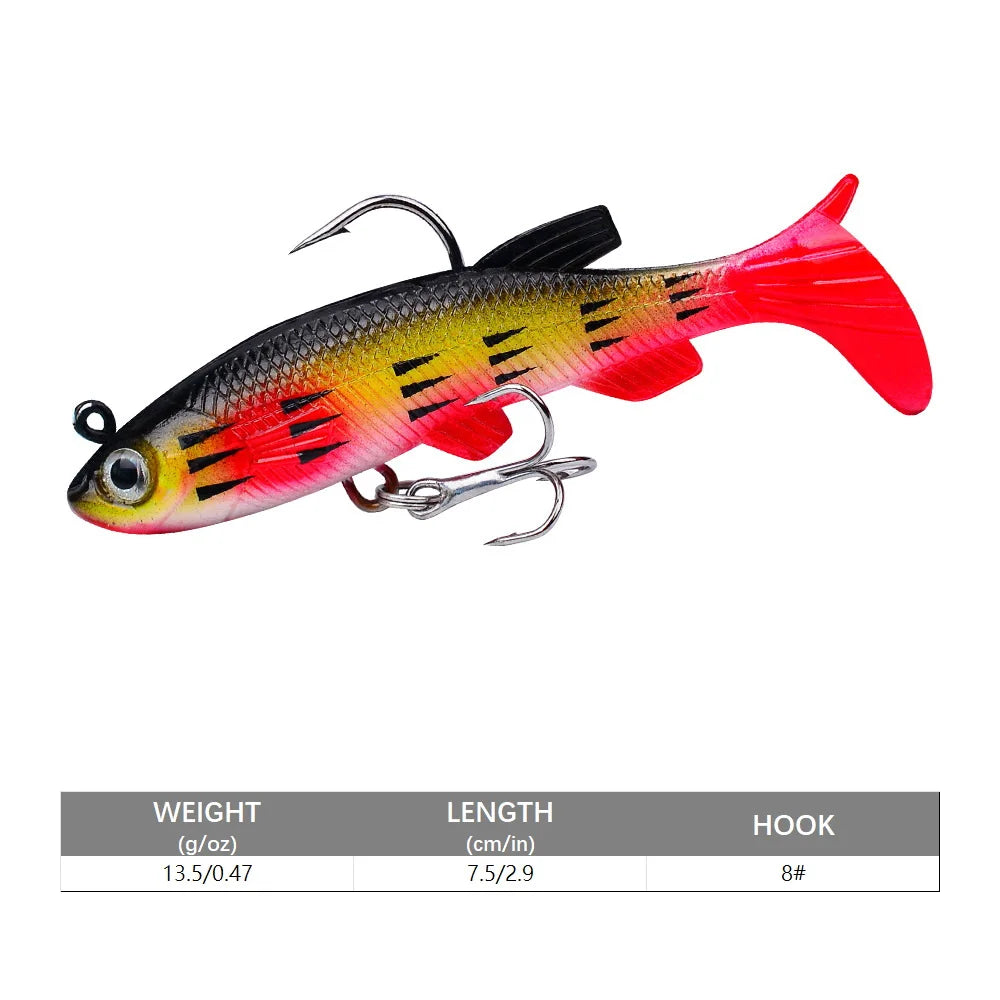 Artificial swimbait for bass in vibrant design with treble hook and detailed features