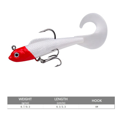 Artificial swimbait for bass in white and red color with treble hooks for effective fishing