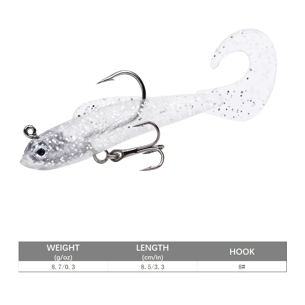 Clear artificial swimbait for bass featuring a shiny finish and double hooks for enhanced fishing success